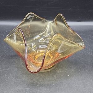 Vintage MCM Amber Handkerchief Ruffled Pinched Glass Bowl, Mid Century Decor Art